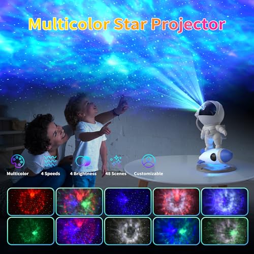 FlyLily Astronaut Galaxy Projector, Star Nebula Projector with Rocket Lamp, Night Lights LED Star Projector for Bedroom, Remote Control, White Noises, Bluetooth Speaker for Ceiling, Room Decor, Gifts