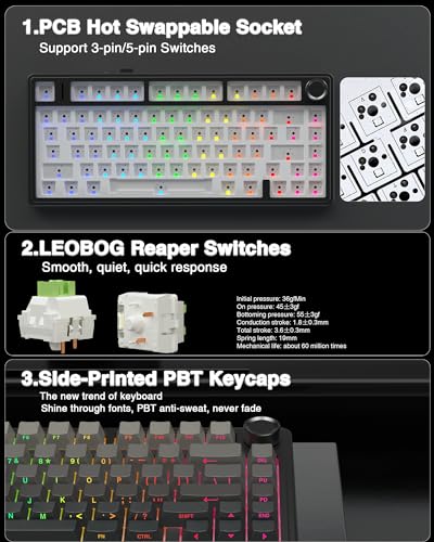 AULA F75 Pro Wireless Mechanical Keyboard,75% Gasket Hot Swappable Custom Keyboard,RGB Backlit,Pre-lubed Reaper Switches,Side Printed PBT Keycaps,2.4GHz/USB-C/Bluetooth Mechanical Gaming Keyboard