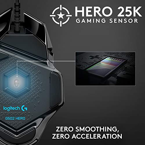Logitech G502 HERO High Performance Wired Gaming Mouse, HERO 25K Sensor, 25,600 DPI, RGB, Adjustable Weights, 11 Programmable Buttons, On-Board Memory, PC / Mac - amzGamess