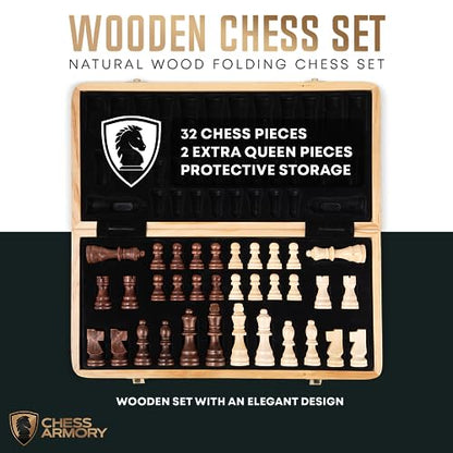 Chess Armory Chess Sets 15 Inch Wooden Chess Set Board Game for Adults and Kids with Extra Queen Pieces & Storage Box - amzGamess