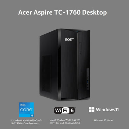 acer 2023 Aspire TC-1760 Desktop PC Intel 12th Gen 6-Core i5-12400 64GB RAM 1TB PCIe SSD 2TB HDD NVIDIA RTX 3060 12GB GDDR6 HDMI DP DVI-D USB-C WIFI AC BT RJ-45 Windows 10 Pro w/RE USB Drive
