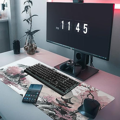 Watercolor Cherry Blossom Large Gaming Mouse Pad,Mouse Pad Gaming 31.5 x 11.8 in Mouse Mat Desk Pad,Large Desk Mat,Extended Keyboard Mousepad with Non-Slip Base and Stitched Edge for Desk Home Office - amzGamess