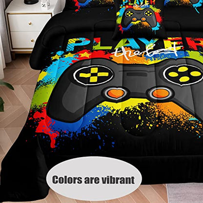 5 Pieces Bed in a Bag for Gaming Bedding Set,Boys Gamer Comforter Set with Flat Sheet,Fitted Sheet,Pillowcases,Cushion Cover,Game Console Pattern Bed Set for Kids Boys Room Decor - amzGamess