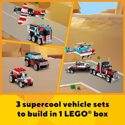 LEGO Creator 3 in 1 Flatbed Truck with Helicopter Toy, Transforms from Flatbed Truck Toy to Propeller Plane to Hot Rod and SUV Car Toys, Gift Idea for Boys and Girls Ages 7 Years Old and Up, 31146