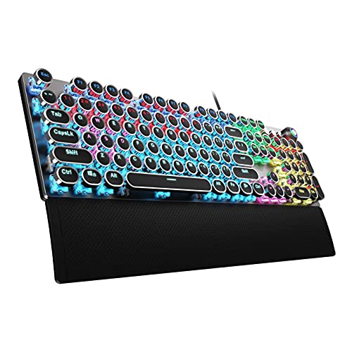 AULA F2088 Typewriter Style Mechanical Gaming Keyboard Blue Switches,Rainbow LED Backlit,Removable Wrist Rest,Media Control Knob,Retro Punk Round Keycaps,USB Wired Computer Keyboard - amzGamess