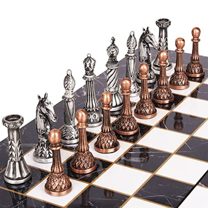 Retro Metal Chess Set for Adults and Kids – Marbling Chess Board with Chess Pieces – Travel Chess Set with Metal Pieces – Folding Chessboard – Ideal for Beginners and Professional Players