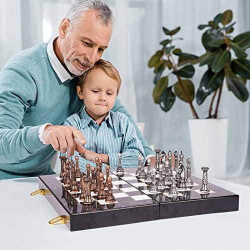 Retro Metal Chess Set for Adults and Kids – Marbling Chess Board with Chess Pieces – Travel Chess Set with Metal Pieces – Folding Chessboard – Ideal for Beginners and Professional Players