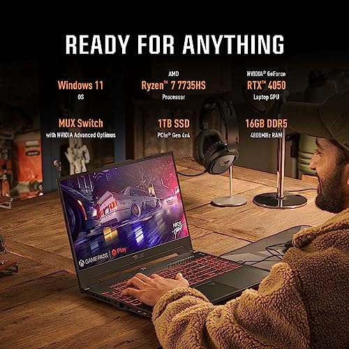 ASUS TUF Gaming A15 (2023) Gaming Laptop, 15.6” FHD 144Hz, 100% sRGB Display, GeForce RTX 4050, AMD Ryzen 7 7735HS, 16GB DDR5, 1TB PCIe SSD, Wi-Fi 6E, Windows 11, FA507NU-DS74,Mecha Gray