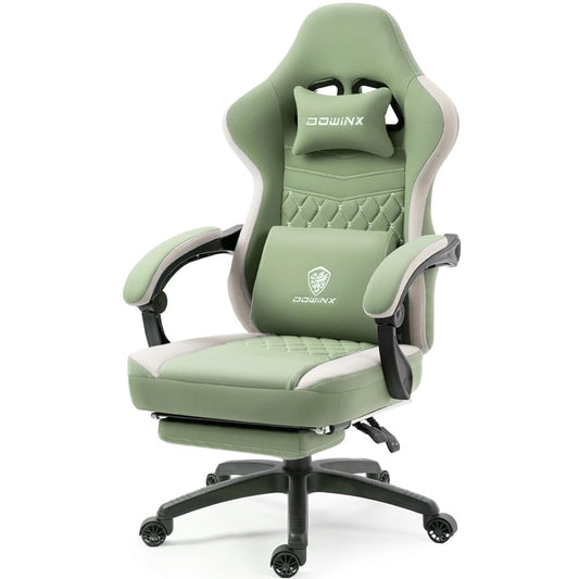 Dowinx Gaming Chair Breathable Fabric Computer Chair with Pocket Spring Cushion, Comfortable Office Chair with Gel Pad and Storage Bag,Massage Game Chair with Footrest,Green