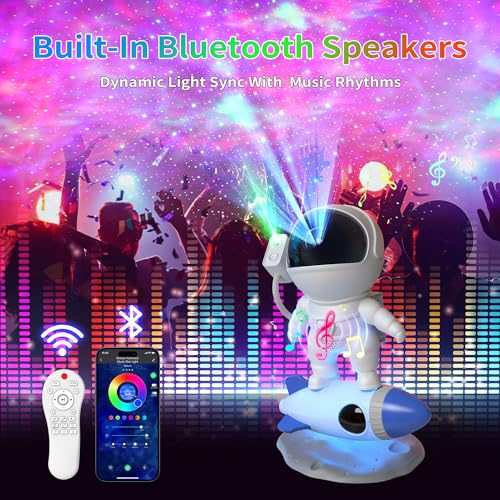 FlyLily Astronaut Galaxy Projector, Star Nebula Projector with Rocket Lamp, Night Lights LED Star Projector for Bedroom, Remote Control, White Noises, Bluetooth Speaker for Ceiling, Room Decor, Gifts