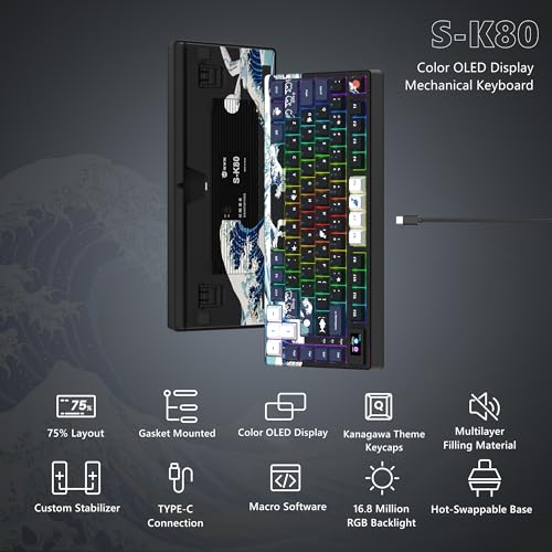 Womier S-K80 75% Keyboard with Color Multimedia Display Mechanical Gaming Keyboard, Hot Swappable Keyboard, Gasket Mount RGB Custom Keyboard, Pre-lubed Stabilizer for Mac/Win, Black Kanagawa Theme - amzGamess