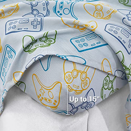 Viviland Kids Twin Sheet Set - Boys Game Twin Sheet Set - Kids Boys Twin Microfiber Fitted Sheet (15" deep Pocket) Flat Sheet - Light Grey Game Paddle Controller Printed - amzGamess