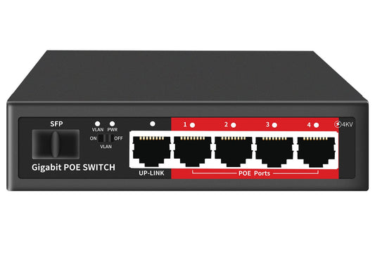 STEAMEMO 5 Port Gigabit Ethernet Unmanaged PoE Switch, 4 Gigabit PoE+ @52W Built-in Power, 1 Uplink Gigabit Port + 1 SFP Slot, VLAN Mode, 802.3af/at, Desktop/Wall-Mount, Plug & Play