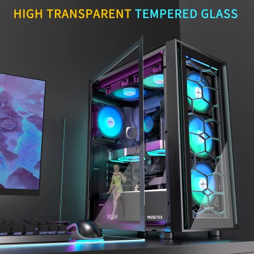 MUSETEX ATX PC Case, 6 PWM ARGB Fans Pre-Installed, Computer Case with Opening Tempered Glass Door, Mid Tower Gaming PC Case, USB 3.0 x 2, Black, G07