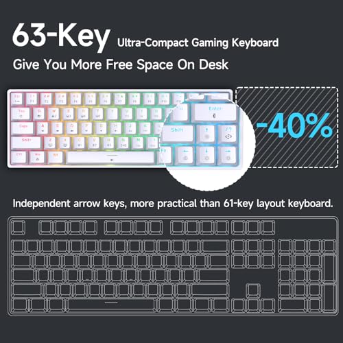 DIERYA T63 60% Wireless Mechanical Gaming Keyboard | Bluetooth/2.4G/Wired Keyboard | RGB Backlit Compact 63 Keys Mini Office Keyboard | with Blue Switch | for Windows Laptop PC Gamer Typist-White