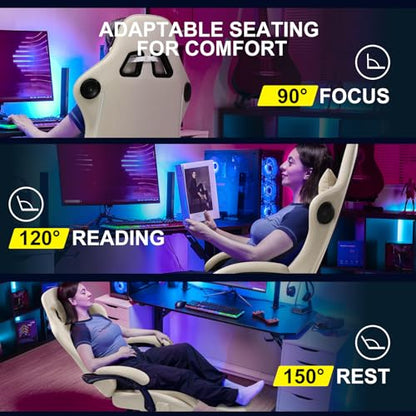 GTPLAYER Gaming Chair, Computer Chair with Footrest and Bluetooth Speakers, High Back Ergonomic Gaming Chair, Reclining Gaming Chair with Linkage Armrests for Adults by GTRacing (Leather, Ivory)