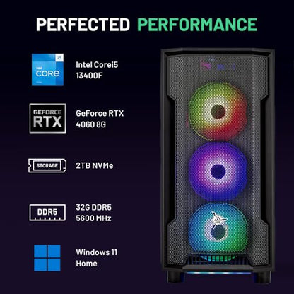 Skytech Shadow Gaming PC, Ryzen 5 7600X 4.7 GHz (5.3GHz Turbo Boost), NVIDIA RTX 4060 8GB GDDR6X, 1TB SSD, 16GB DDR5 RAM 5200, 650W Gold PSU, Wi-Fi, Win 11 Home