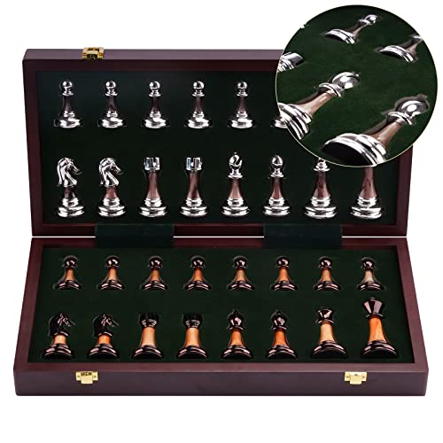 15" Metal Chess Sets for Adults Kids with Zinc Alloy + Acrylic Chess Pieces & Portable Folding Wooden Chess Board Travel Chess Set Board Game Gift – Elegant Metal Chessmen & Storage Box