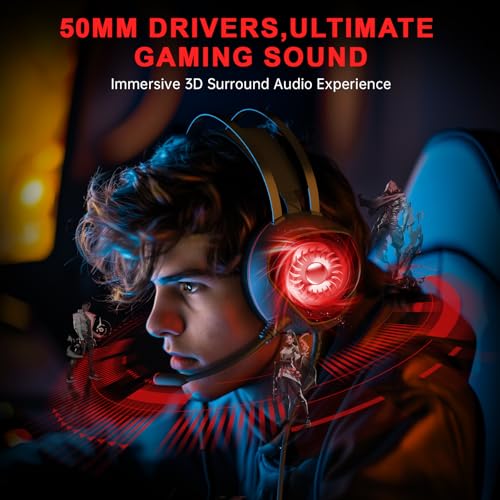 syndesmos Gaming Headsets for PS5, Xbox One Series X/s Controller, PC, PS4, Switch, Wired Over-Ear Gaming Headphones with Microphone Noise Cancelling, Dynamic RGB Light, Bass Surround (BlackRed)