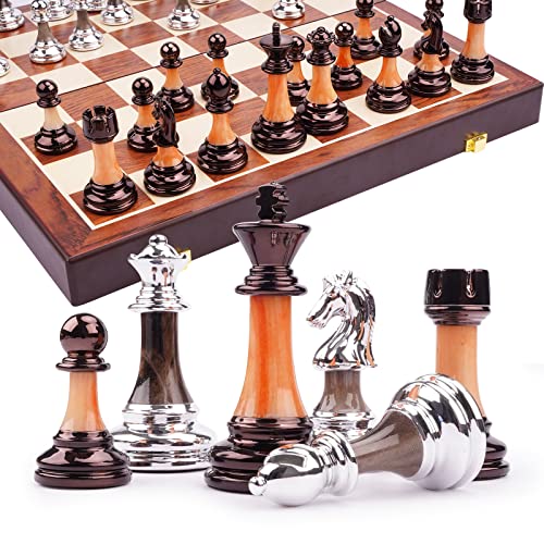 15" Metal Chess Sets for Adults Kids with Zinc Alloy + Acrylic Chess Pieces & Portable Folding Wooden Chess Board Travel Chess Set Board Game Gift – Elegant Metal Chessmen & Storage Box
