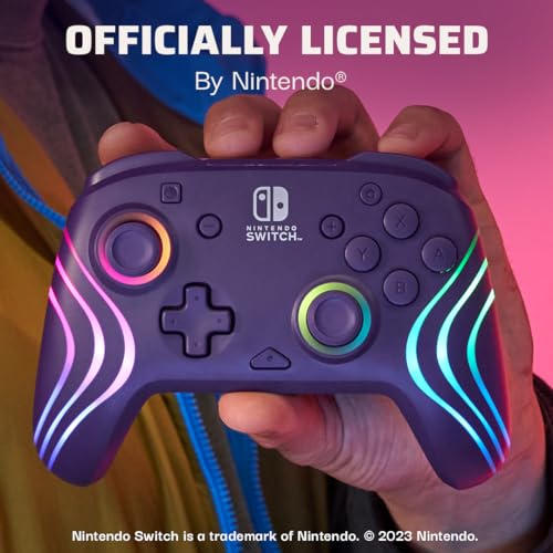 PDP Afterglow™ Wave Enhanced Wireless Nintendo Switch Pro Controller, 8 Colors RGB LED, Dual Programmable Gaming Buttons, 40 Hour Rechargeable Battery Power, 30 Foot Connection, Officially Licensed by Nintendo: Purple - amzGamess