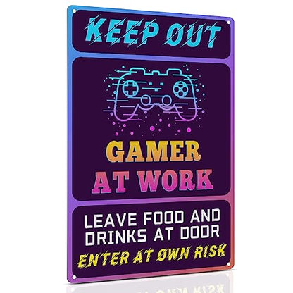 ALKB Keep Out Signs for Gaming Room Wall Door Decor - 8x12 Inch Futuristic Metal Sign Gift for Boy, Girl, Boyfriend - amzGamess