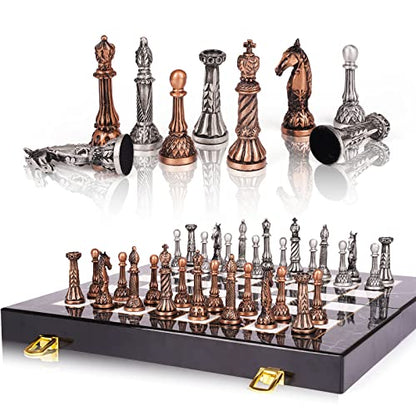 Retro Metal Chess Set for Adults and Kids – Marbling Chess Board with Chess Pieces – Travel Chess Set with Metal Pieces – Folding Chessboard – Ideal for Beginners and Professional Players