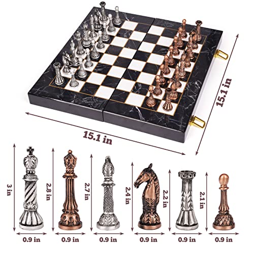Retro Metal Chess Set for Adults and Kids – Marbling Chess Board with Chess Pieces – Travel Chess Set with Metal Pieces – Folding Chessboard – Ideal for Beginners and Professional Players
