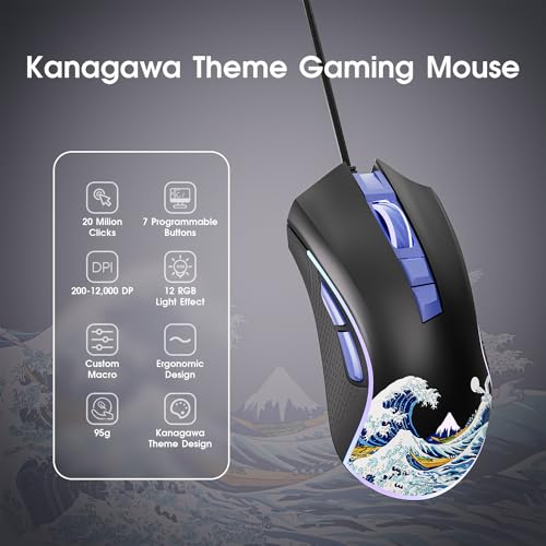 XVX Wired Gaming Mouse, 12000 DPI RGB Gaming Mouse with 12 Backlit Modes & 7 Macro Buttons, PC Gaming Mice Support DIY Keybinding, Mouse Gamer Computer Mouse for Laptop PC Mac Windows, Kanagawa