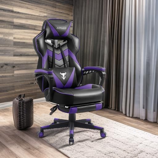 Zeanus Purple Reclining Gaming Chair with Footrest - Ergonomic for Heavy People, Massage, Racing Style