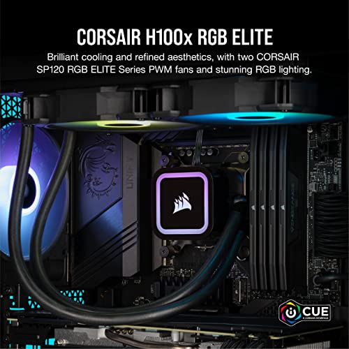 Corsair H100x RGB Elite Liquid CPU Cooler For Desktop - 32 Dynamic LEDs SP120 Series PWM Fans with AirGuide Technology Intel® LGA 1700, 1200, 115X, 2066, AMD® AM5/AM4 Sockets Black, 240mm AIO