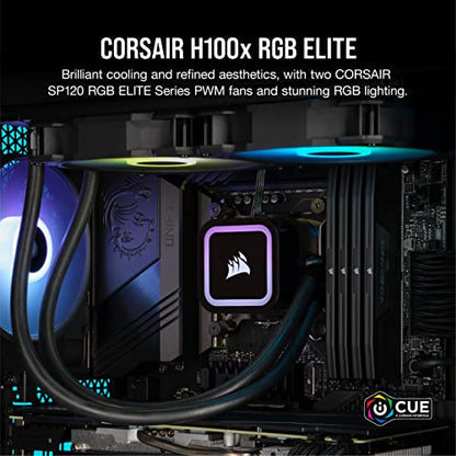 Corsair H100x RGB Elite Liquid CPU Cooler For Desktop - 32 Dynamic LEDs SP120 Series PWM Fans with AirGuide Technology Intel® LGA 1700, 1200, 115X, 2066, AMD® AM5/AM4 Sockets Black, 240mm AIO