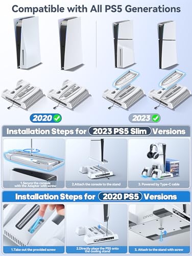 PS5 / PS5 Slim Stand and Cooling Station with RGB LED Controller Charging Station for Playstation 5 Console, PS5 Controller Charger, PS5 / PS5 Slim Accessories with 3 Level Cooling Fan - amzGamess