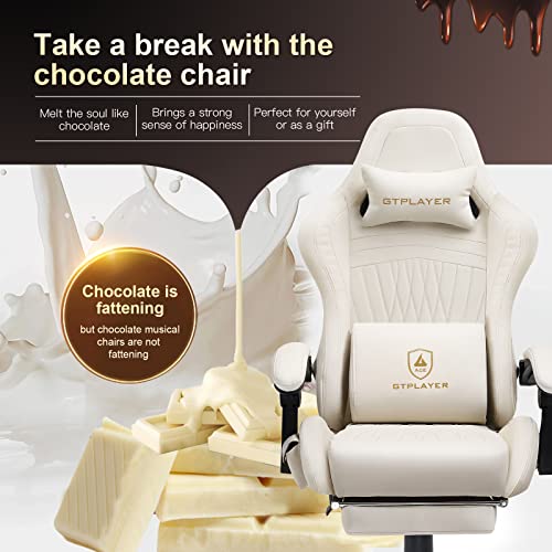 GTPLAYER Gaming Chair, Computer Chair with Footrest and Bluetooth Speakers, High Back Ergonomic Gaming Chair, Reclining Gaming Chair with Linkage Armrests for Adults by GTRacing (Leather, Ivory)