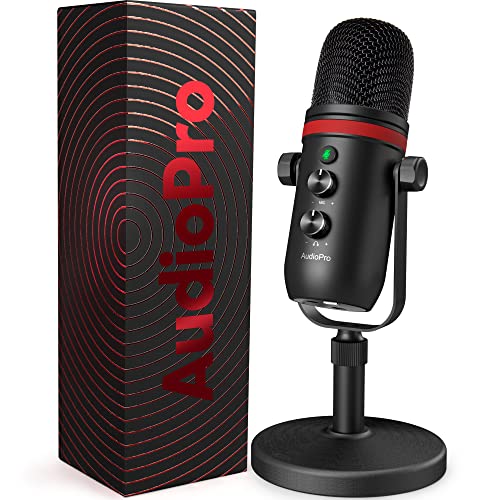 AUDIOPRO USB Microphone, Cardioid Condenser Gaming Mic for PC/Laptop/Phone/PS4/5, Headphone Output, Volume Control, USB Type-C Plug and Play, LED Mute Button, for Streaming, Podcast, Studio - amzGamess