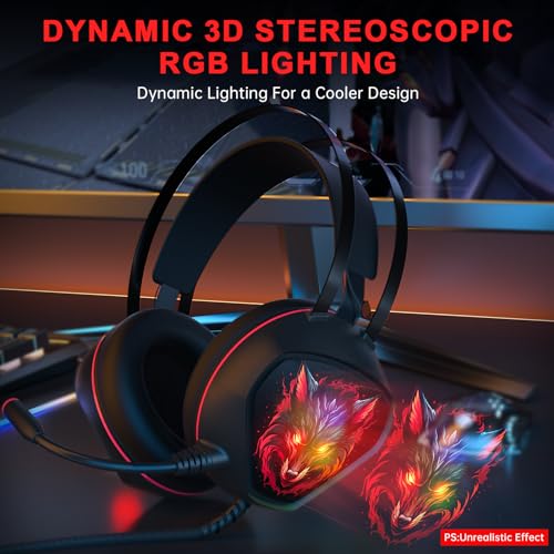 syndesmos Gaming Headsets for PS5, Xbox One Series X/s Controller, PC, PS4, Switch, Wired Over-Ear Gaming Headphones with Microphone Noise Cancelling, Dynamic RGB Light, Bass Surround (BlackRed)