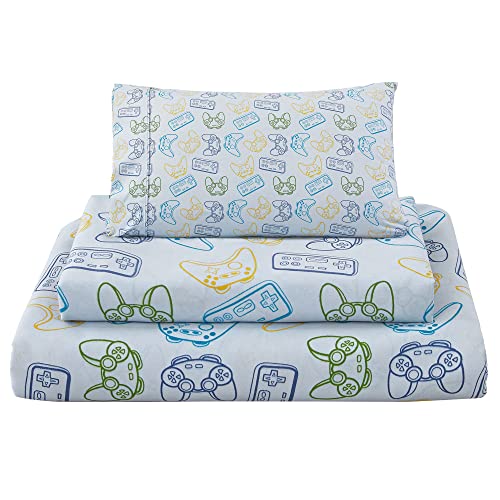 Viviland Kids Twin Sheet Set - Boys Game Twin Sheet Set - Kids Boys Twin Microfiber Fitted Sheet (15" deep Pocket) Flat Sheet - Light Grey Game Paddle Controller Printed - amzGamess