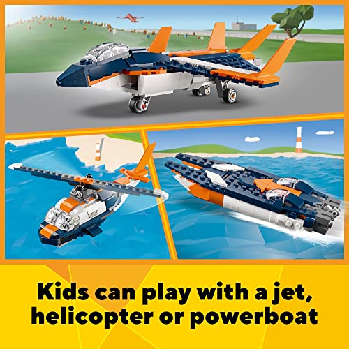 LEGO Creator 3 in 1 Supersonic Jet Plane Toy Set, Transforms from Plane to Helicopter to Speed Boat Toy, Buildable Vehicle Models for Kids, Boys and Girls 7 Plus Years Old, 31126