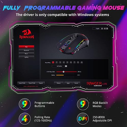 Redragon Gaming Mouse, Wireless Mouse Gaming with 8000 DPI, PC Gaming Mice with Fire Button, RGB Backlit Programmable Ergonomic Mouse Gamer, Rechargeable, 70Hrs for Windows, Mac Gamer, Black - amzGamess