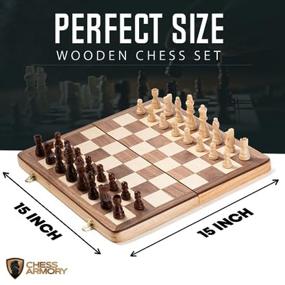Chess Armory Chess Sets 15 Inch Wooden Chess Set Board Game for Adults and Kids with Extra Queen Pieces & Storage Box - amzGamess