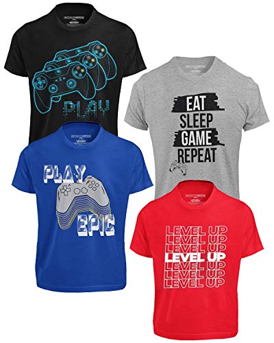 BROOKLYN VERTICAL Boys 4-Pack Short Sleeve Crew Neck T-Shirt with Chest Print | Gaming, Play, Video Gamer Prints for Sizes 6-20 Grey - amzGamess