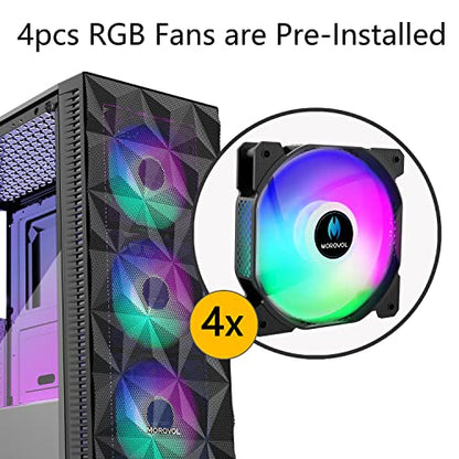 MOROVOL PC Case Pre-Install 4 RGB Fans, ATX Gaming Computer Case with Diamond-Shaped Mesh Front & Tempered Glass Side Panel, USB 3.0 Airflow Mid Tower case,621