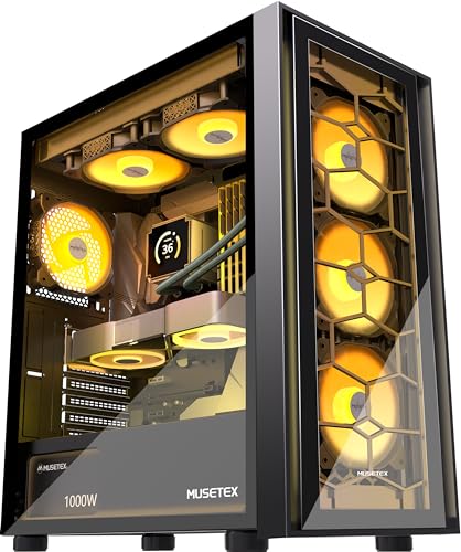 MUSETEX ATX PC Case, 6 PWM ARGB Fans Pre-Installed, Computer Case with Double Tempered Glass, Mid Tower Gaming PC Case, USB 3.0 x 2, Black, G07