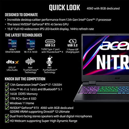 Acer Nitro 5 Gaming Laptop | Intel 12th Gen i7-12650H | NVIDIA GeForce RTX 4060 Laptop GPU | 15.6” FHD 144Hz IPS Display | 16GB DDR5 | 1TB Gen 4 SSD | Killer Wi-Fi 6 | RGB Backlit KB | AN515-58-781P