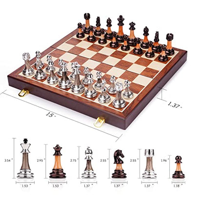 15" Metal Chess Sets for Adults Kids with Zinc Alloy + Acrylic Chess Pieces & Portable Folding Wooden Chess Board Travel Chess Set Board Game Gift – Elegant Metal Chessmen & Storage Box