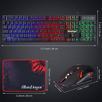 BlueFinger RGB Gaming Keyboard and Backlit Mouse Combo, USB Wired, LED Gaming Set for Laptop PC Computer Game and Work