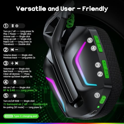 WESEARY 7.1 Wireless Gaming Headset with Microphone for PS4, PS5, PC, Switch, Mac, 2.4GHz Bluetooth Gaming Headphones with Crystal-Clear Mic, 50Hr Battery, Cool RGB - amzGamess