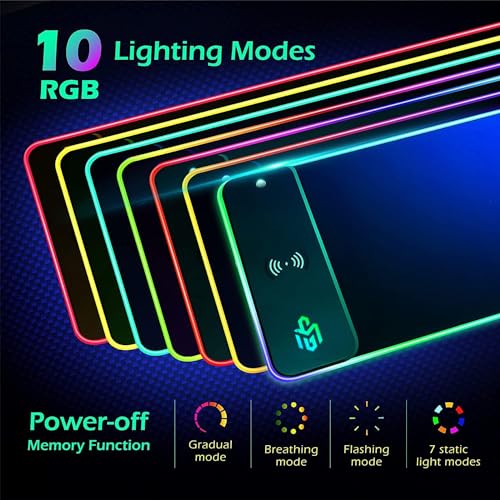 GIM Wireless Charging RGB Gaming Mouse Pad 15W, LED Mouse Mat 800x300x4MM, 10 Light Modes Extra Large Mousepad Non-Slip Rubber Base Computer Keyboard Mat for Gaming, MacBook, PC, Laptop, Desk - amzGamess