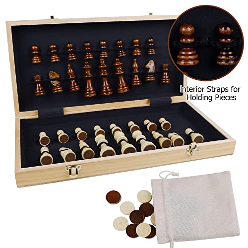 Juegoal 17" Wooden Chess & Checkers Set, 2 in 1 Board Games for Kids and Adults, with Felted Game Board Interior for Storage, Travel Portable Folding Chess Game Sets, 2 Extra Queen, 24 Checkers Pieces