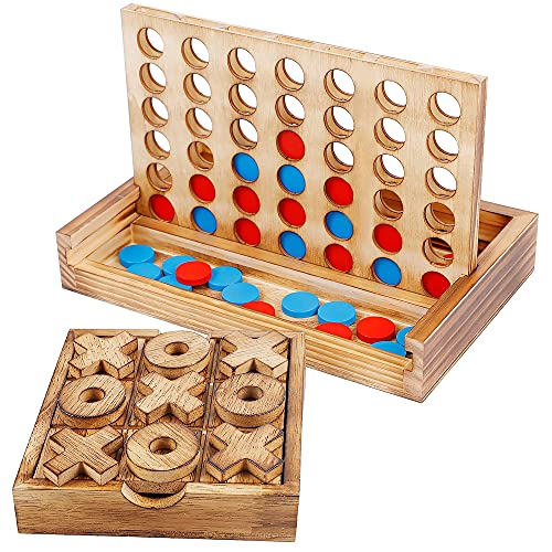 Glintoper Tic Tac Toe & 4 in a Row Table Games Set - Rustic Decor Wood Strategy Board Games for Families - amzGamess